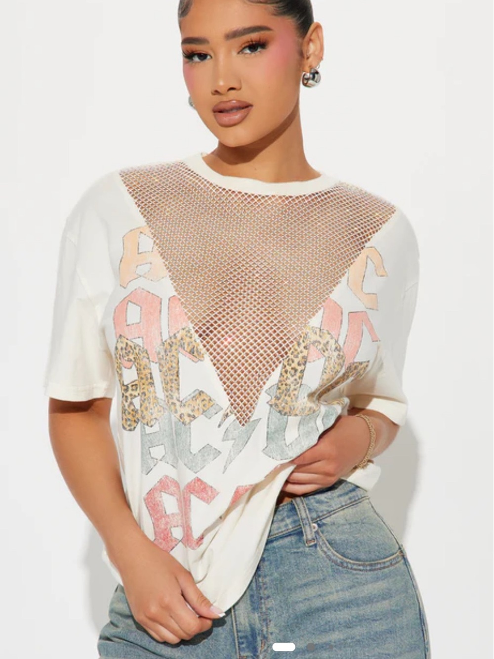 White Graphic Mesh-Inset Short Sleeve Top